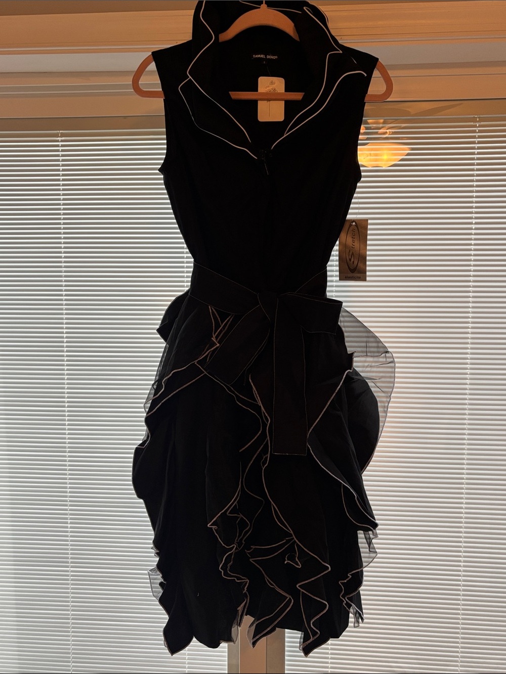 Samuel Dong Black Ruffle-Trimmed Belted Mini Dress